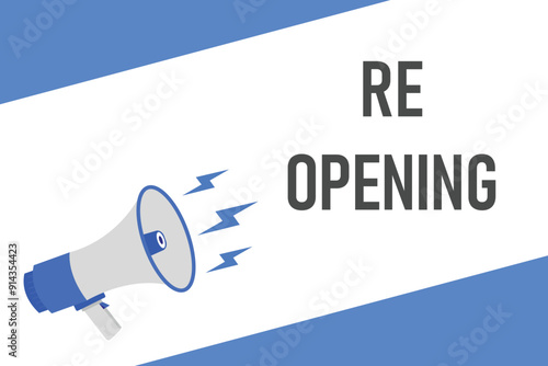 re opening button, banner, label, template for website. re opening text with colorful megaphone icon
