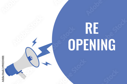 re opening button, banner, label, template for website. re opening text with colorful megaphone icon
