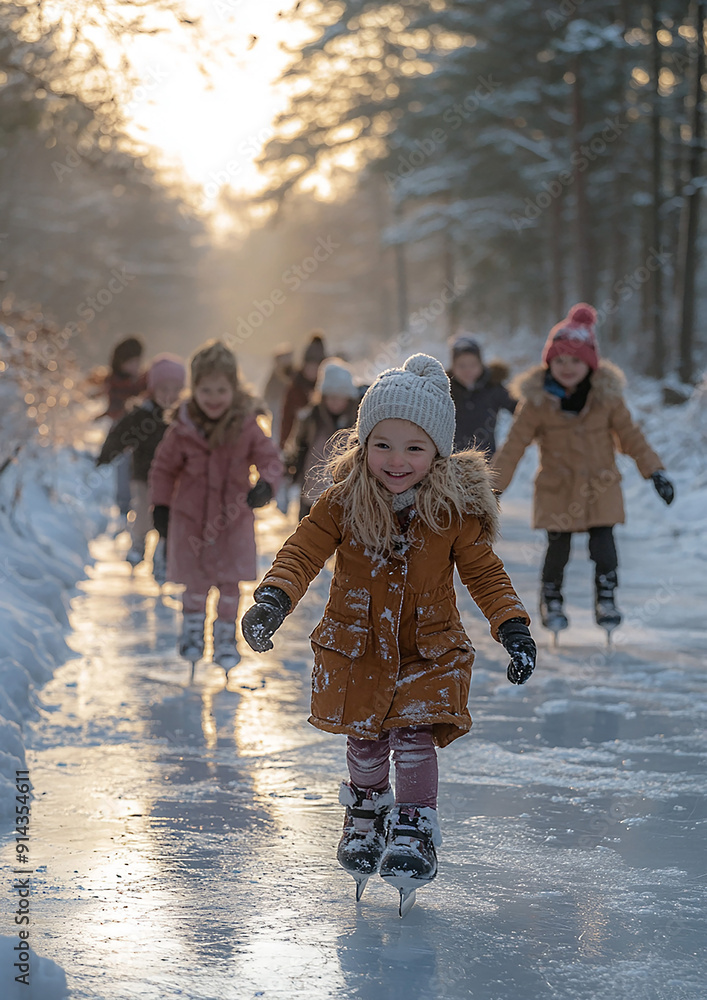 High-resolution image of children joyfully ice skating on a frozen pond, with snow-covered banks and a wintry forest background High-resolution image of children joyfully ice skating on a frozen pond, with snow-covered banks and a wintry forest background