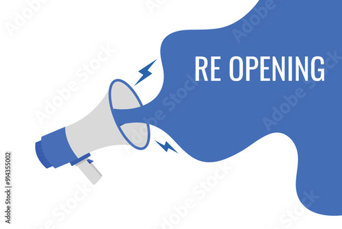 re opening button, banner, label, template for website. re opening text with colorful megaphone icon
