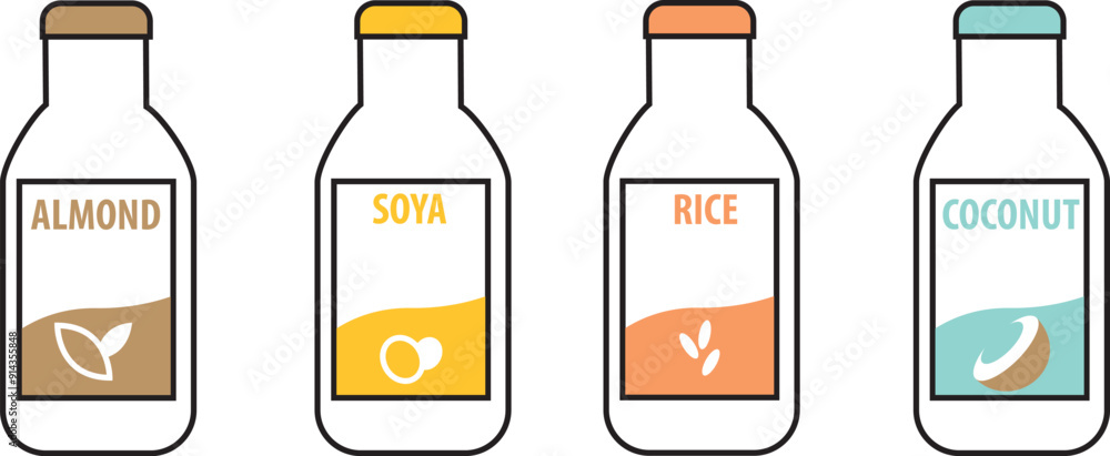 Vegan milk in bottle isolated on white background. Vector illustration of plant-based drink in flat cartoon style. Organic dairy-free rice, coconut, almond and soy milk. Vegan milk in bottle isolated on white background. Vector illustration of plant-based drink in flat cartoon style. Organic dairy-free rice, coconut, almond and soy milk.