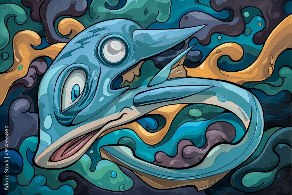 A painting of a blue fish with a yellow stripe across its head and another one at its mouth A painting of a blue fish with a yellow stripe across its head and another one at its mouth