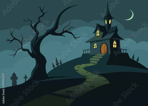 A spooky, old haunted house with twisted architecture and eerie windows. The house is situated on a hill with a winding path leading up to it. A bare, leafless tree stands beside the house vector.