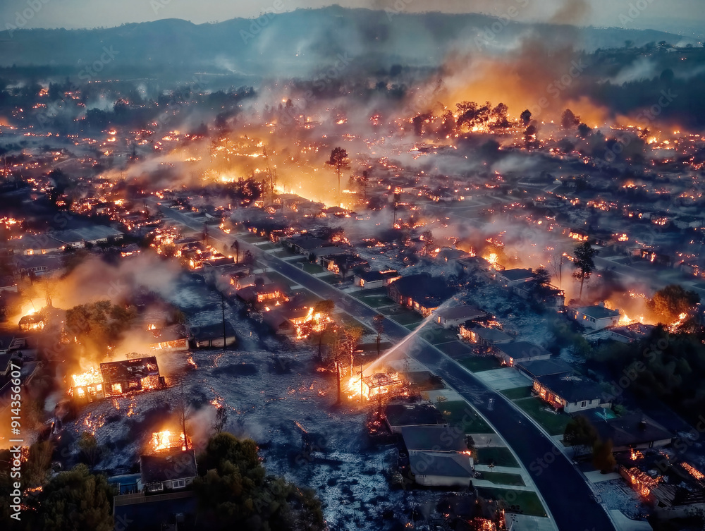 A fire is burning in a residential area. The fire is so large that it is visible from the air. The sky is dark and the fire is spreading quickly