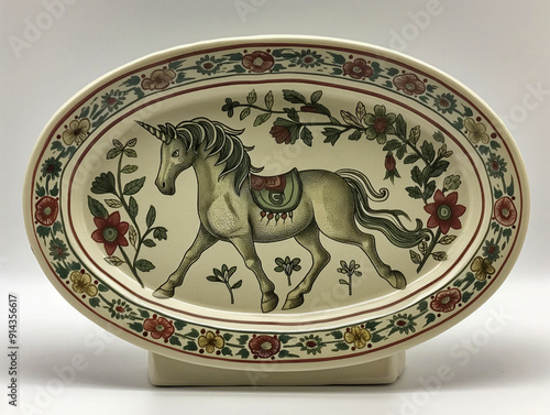 A ceramic dish features a whimsical unicorn print surrounded by intricate floral patterns in red, green, and yellow hues The unicorn is detailed with a saddle and decorative elements photo