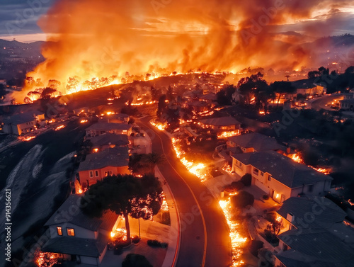 A fire is burning in a residential area, with houses and trees in the background. The sky is orange and the fire is orange as well photo