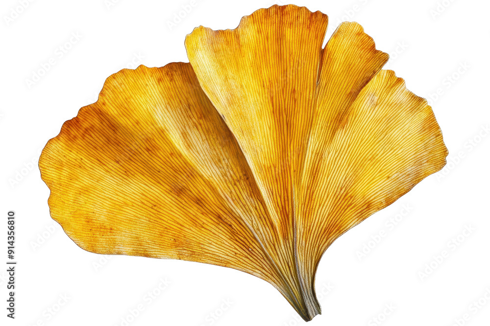 Fototapeta premium A vibrant yellow ginkgo leaf showcasing its unique fan shape and intricate texture against a transparent background.