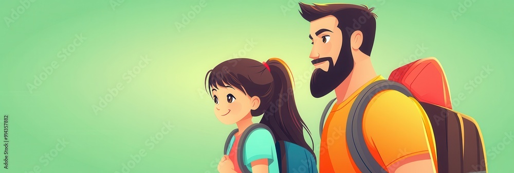 Naklejka premium Cartoon dad and daughter with backpacks, side view, adventure together
