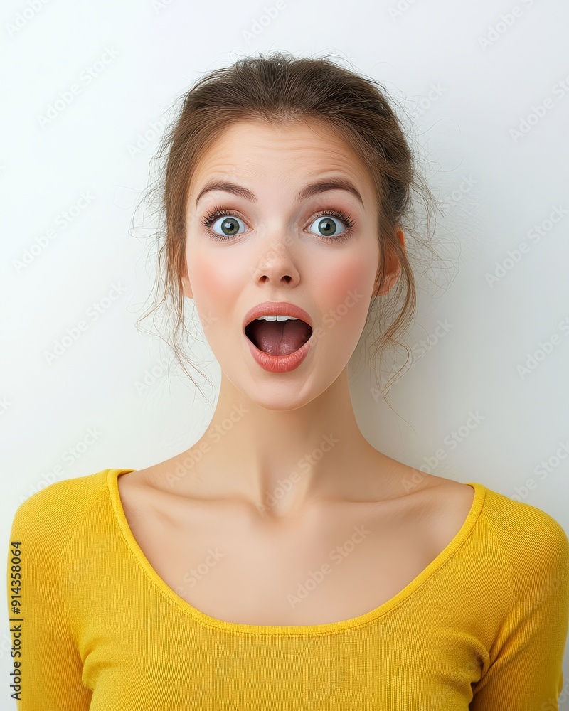 A woman shows a joyful expression of astonishment with wide eyes A woman shows a joyful expression of astonishment with wide eyes