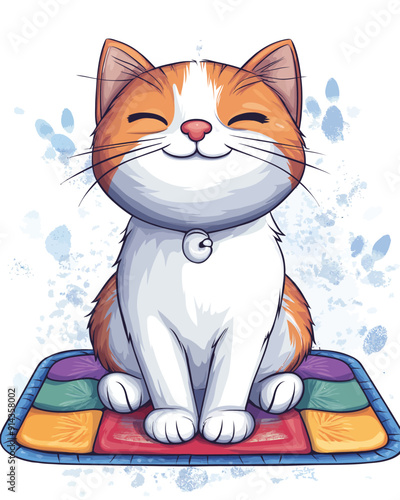Smiling Cat Sitting on Colorful Mat, Cartoon Flat Vector Illustration