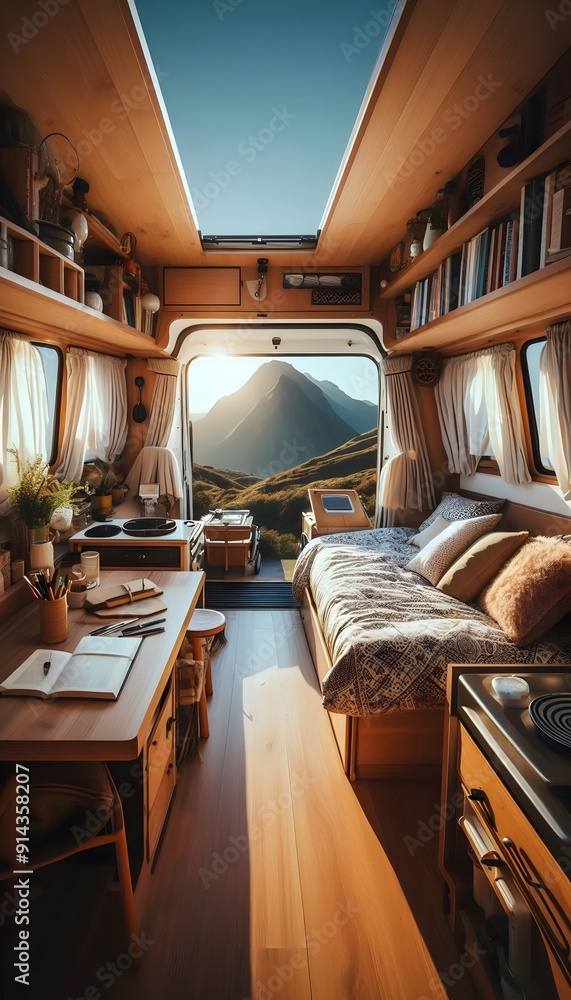 Interior of a cozy caravan with views of the landscape outside Interior of a cozy caravan with views of the landscape outside