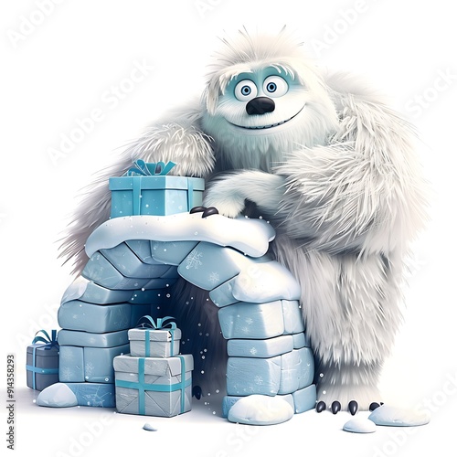 A Friendly Yeti Standing by His Igloo with Presents