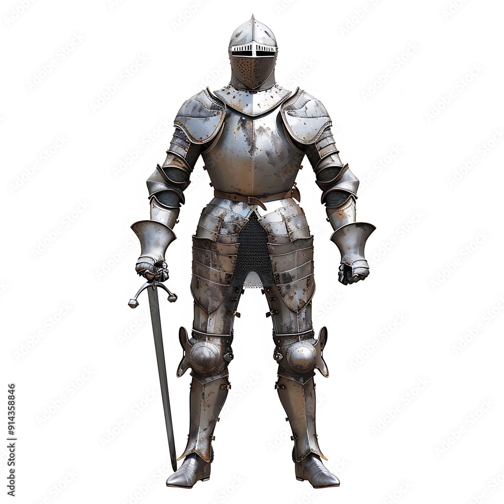 Full Body Medieval Knight in Worn Armor Holding a Sword Full Body Medieval Knight in Worn Armor Holding a Sword