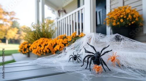 Spider web decorations with fake spiders on a porch. photo