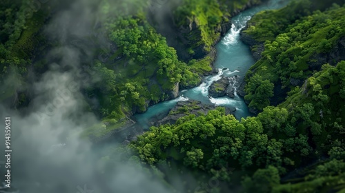  Aerial perspective of a winding river in a verdant forest, teeming with trees and boulders, enshrouded by fog and undercast photo