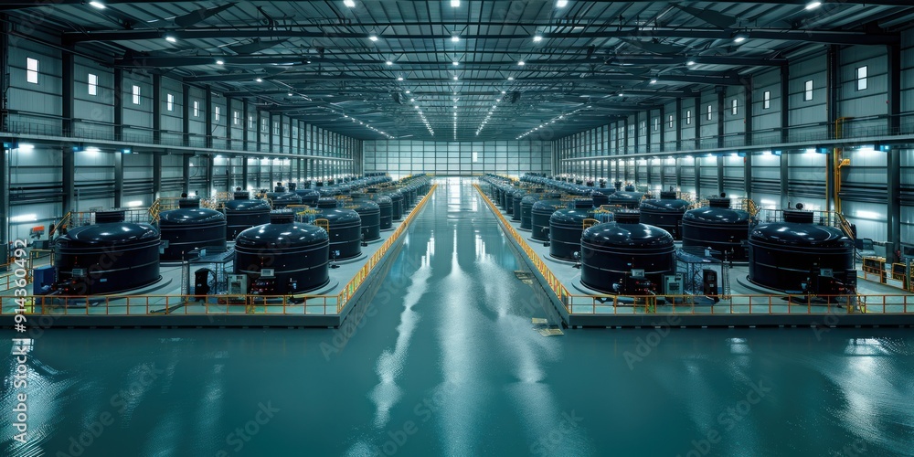 Fototapeta premium Rows of large, cylindrical vessels stand in a modern facility, surrounded by water and walkways