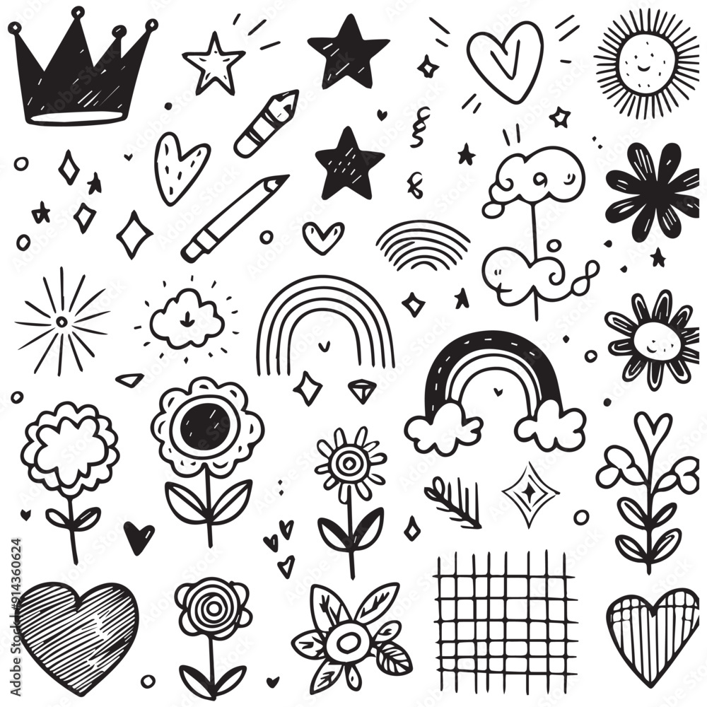 Hand-drawn charcoal doodle elements. Crown, rainbow, circular, stars, cloud, flowers, heart and grid doodle collage elements.
Hand-drawn charcoal doodle elements. Crown, rainbow, circular, stars, cloud, flowers, heart and grid doodle collage elements.