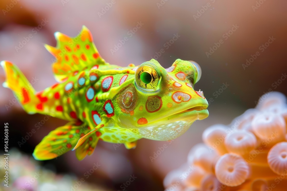 A tight shot of a yellow-and-red fish hovering over an orange anemone with white tentacles in an aquarium A tight shot of a yellow-and-red fish hovering over an orange anemone with white tentacles in an aquarium