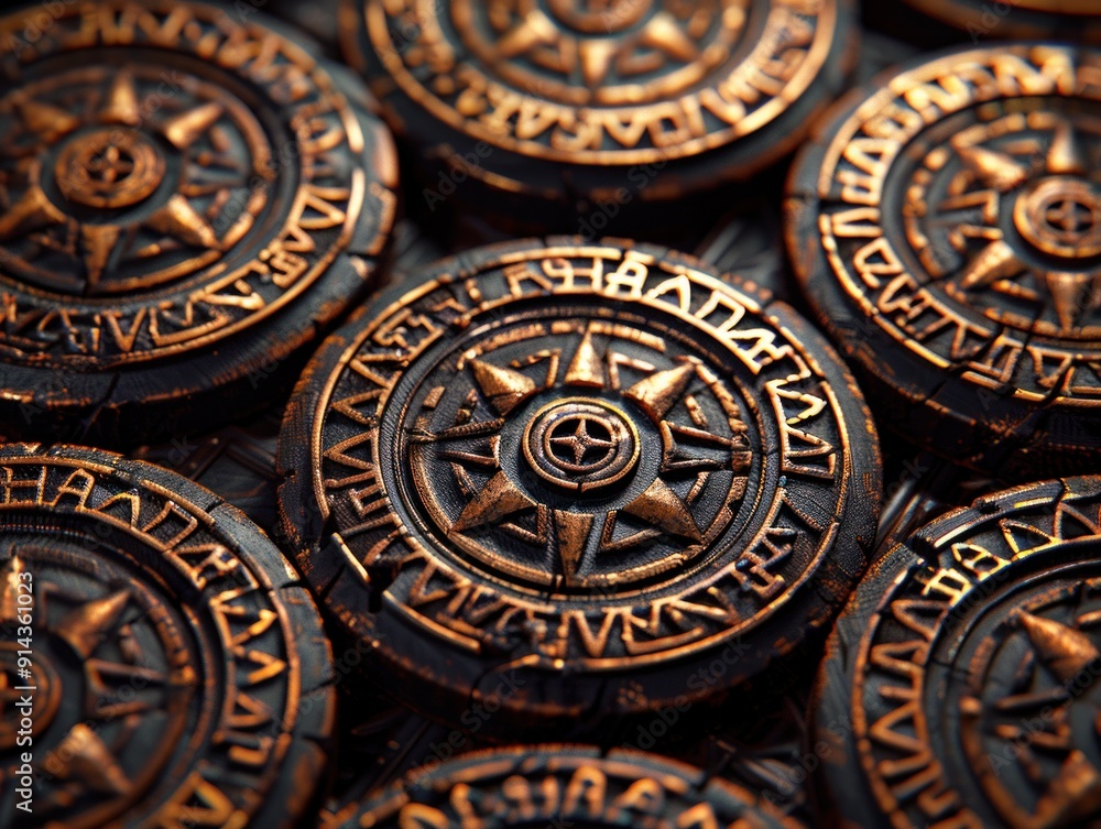 Fototapeta premium A group of golden coins with intricate designs