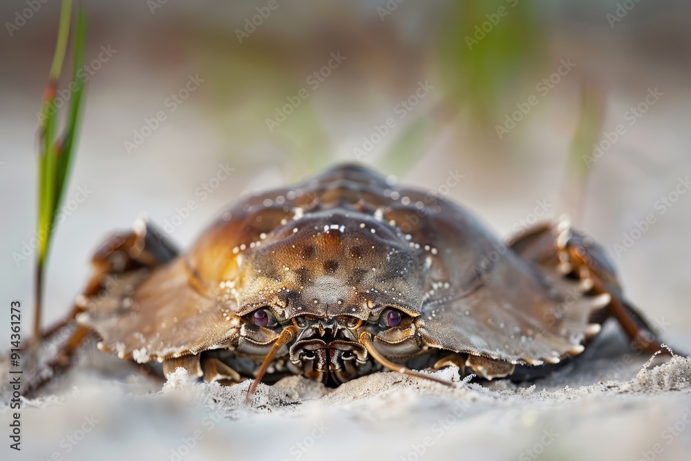A tight shot of a tiny crab on the ground, its shell dotted with water droplets, and a green plant protruding from its back A tight shot of a tiny crab on the ground, its shell dotted with water droplets, and a green plant protruding from its back