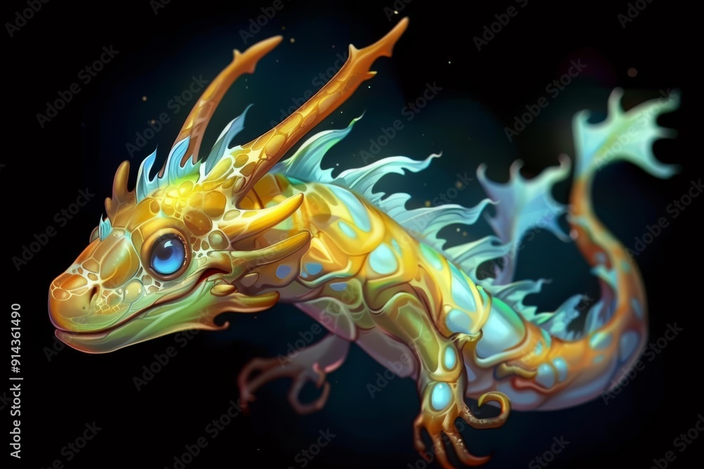 A painting of a dragon with a yellow and blue body against a black background The dragon has a yellow and blue head atop its black form A painting of a dragon with a yellow and blue body against a black background The dragon has a yellow and blue head atop its black form