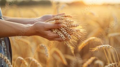 A handful of wheat held by a farmer, with a sun-drenched field in the background photo