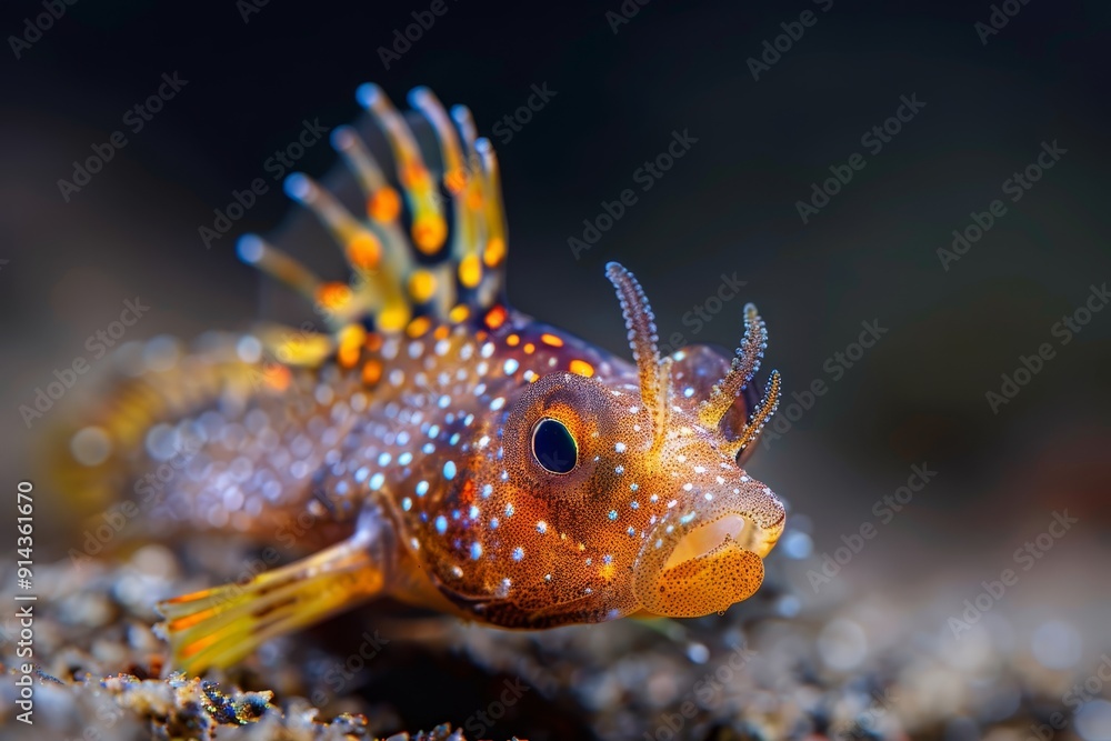 A fish perched on a rock, water droplets beading on its body, against a backdrop of unyielding black A fish perched on a rock, water droplets beading on its body, against a backdrop of unyielding black