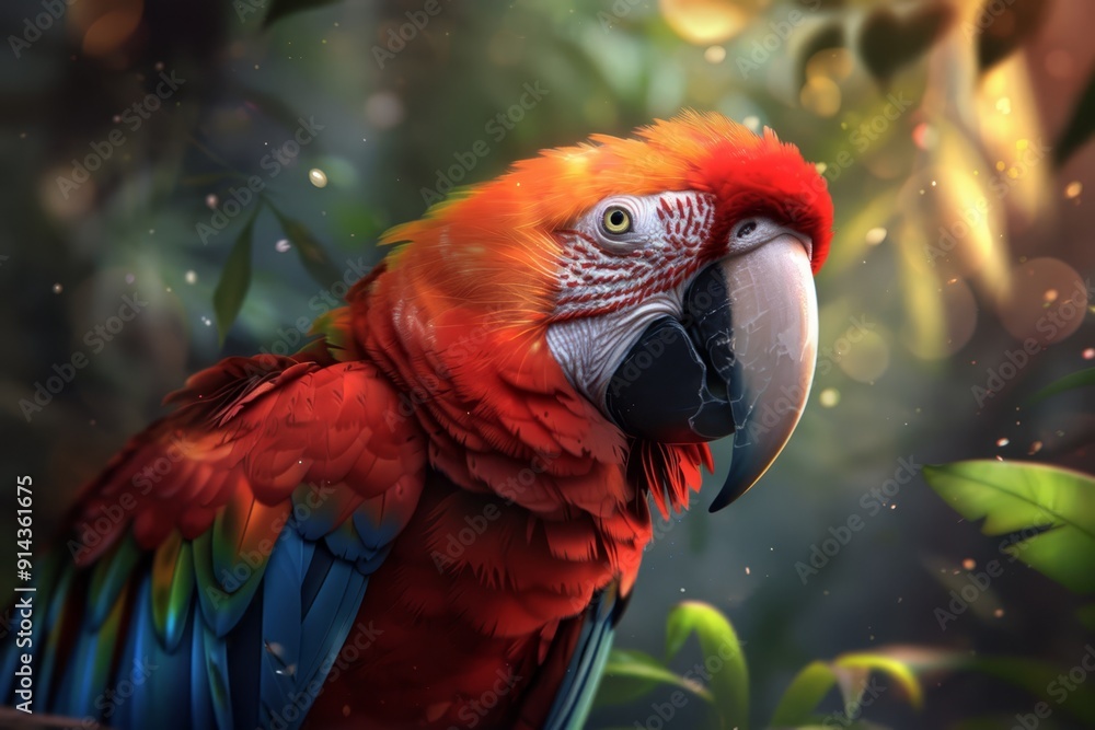 A red-and-blue parrot sits atop a lush, forested expanse teeming with numerous green leaves A red-and-blue parrot sits atop a lush, forested expanse teeming with numerous green leaves