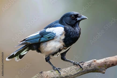  A blue-and-white bird perches on a tree branch against a softly blurred background