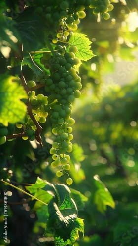 Vineyard at sunset with large of grapes hanging from the vines photo