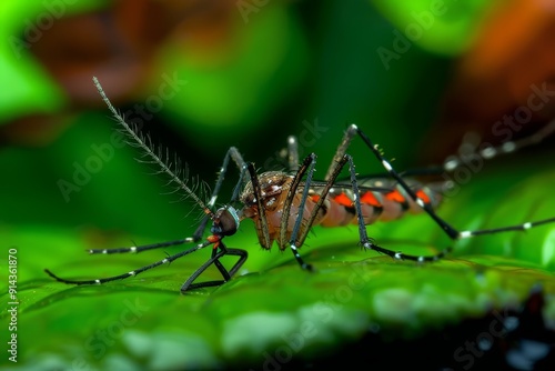  A tight shot of a mosquito on a verdant leaf, its body and legs marked with scarlet spots photo