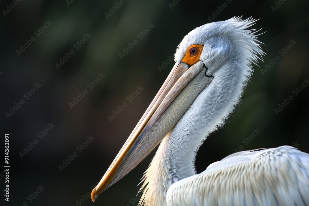 A tight shot of a pelican's head and neck against a softly blurred background A tight shot of a pelican's head and neck against a softly blurred background