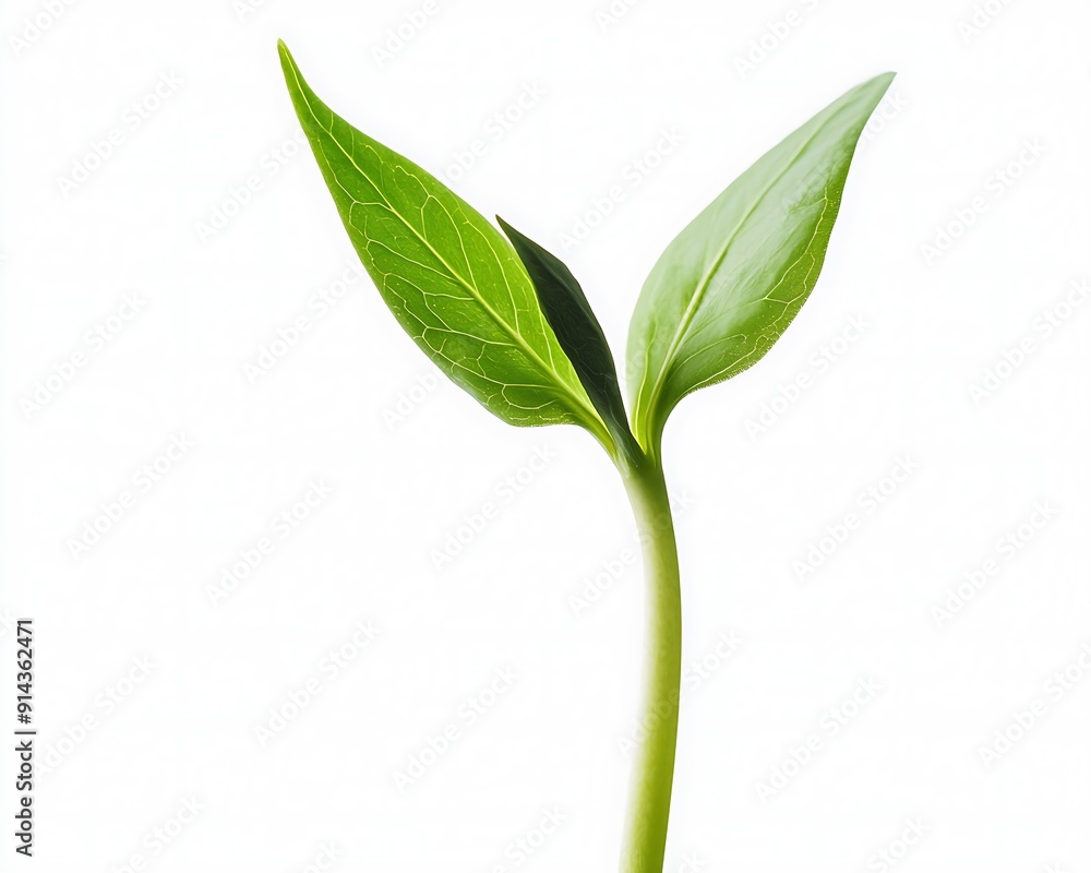 A Single Green Sprout with Two Leaves Against a White Background A Single Green Sprout with Two Leaves Against a White Background