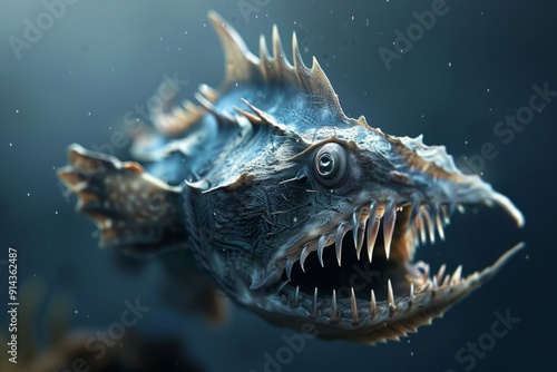  A tight shot of a fish with its mouth agape and wide-open teeth submerged in water