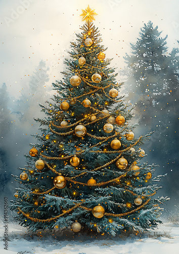 Detailed drawing of a classic Christmas tree with gold and silver ornaments, garlands, and a shimmering tinsel, high resolution photo