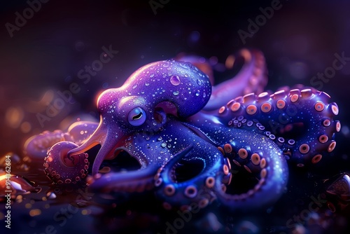  A blue-purple octopus rests atop a black surface, surrounded by a mound of sea shells Bubbles encircle them photo