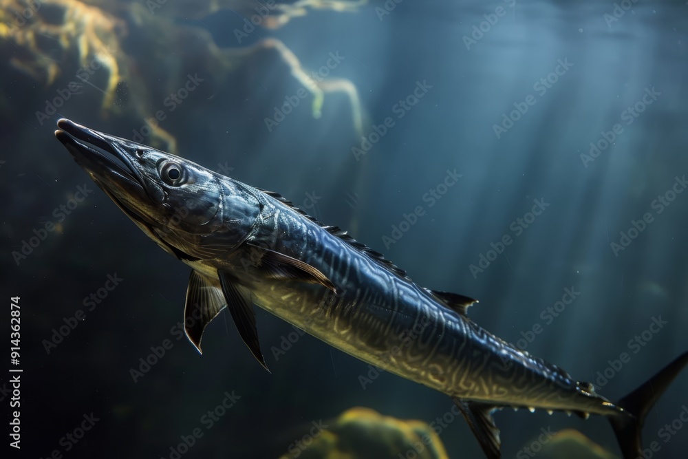 A fish swims in the water as sunlight streams through its surface A fish swims in the water as sunlight streams through its surface