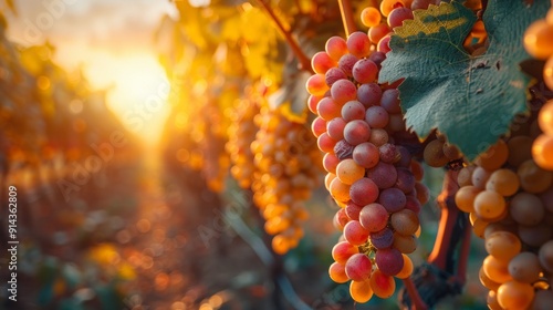 Vineyard at sunset with large of grapes hanging from the vines photo