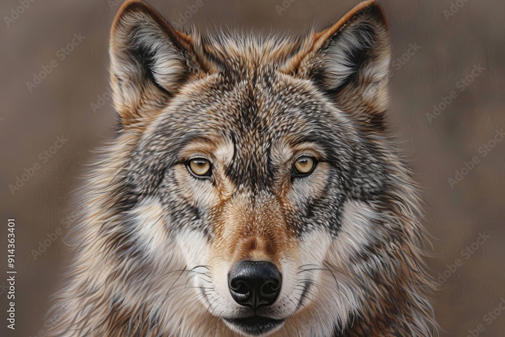 A tight shot of a wolf's face, covered in brown and white fur, reveals its piercing eyes A tight shot of a wolf's face, covered in brown and white fur, reveals its piercing eyes
