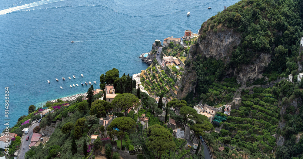 Panoramic Aerial View Of Coastal Italian Village With Terraced Gardens