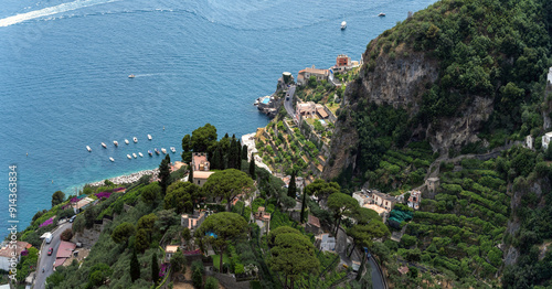 Obraz na płótnie Panoramic Aerial View Of Coastal Italian Village With Terraced Gardens w salonie