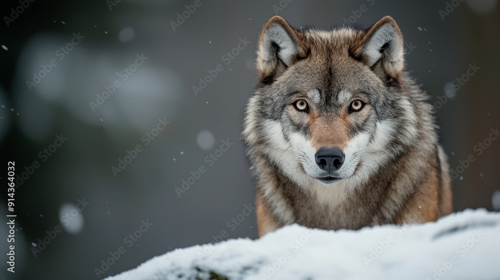 A wolf gazes at the camera, positioned in a snow-laden field Trees loom behind A wolf gazes at the camera, positioned in a snow-laden field Trees loom behind