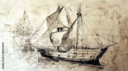 Sailing Ship and Geometric Patterns