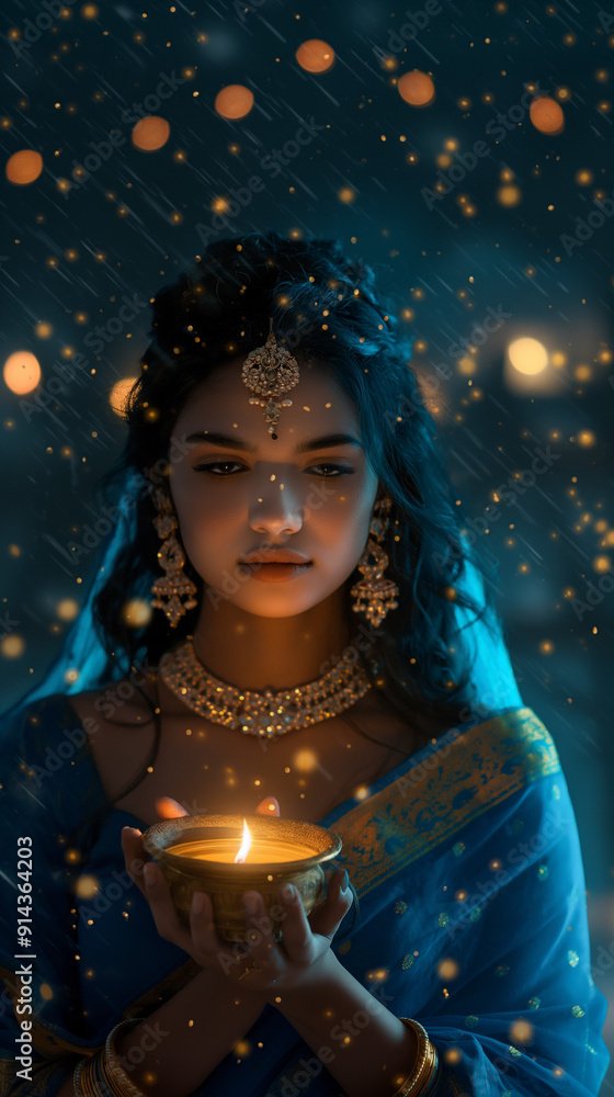 A beautiful Indian woman in a blue saree holds an oil lamp, with lights and candles glowing in the background. The night sky, filled with stars, adds a magical touch to the scene A beautiful Indian woman in a blue saree holds an oil lamp, with lights and candles glowing in the background. The night sky, filled with stars, adds a magical touch to the scene