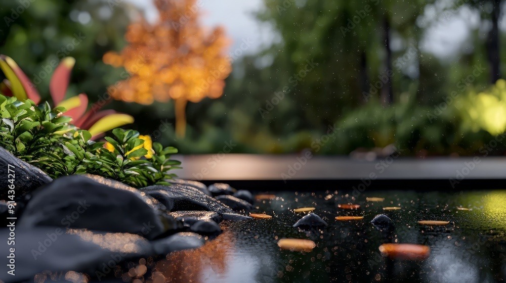 A tight shot of rocks and foliage on a table, surrounded by a hazy backdrop of trees and shrubs A tight shot of rocks and foliage on a table, surrounded by a hazy backdrop of trees and shrubs