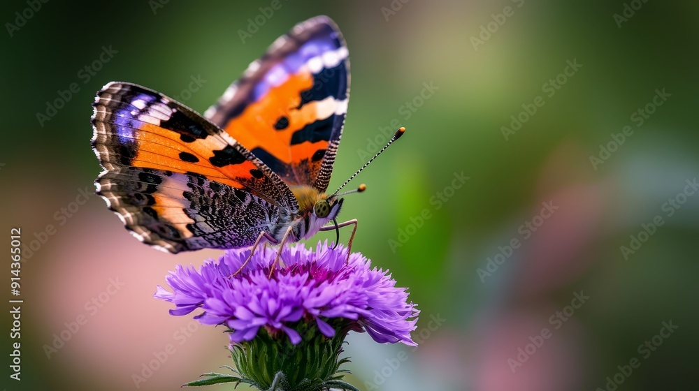 A tight shot of a butterfly atop a purple blossom against a softly blurred backdrop of green foliage and a pink flower nearby A tight shot of a butterfly atop a purple blossom against a softly blurred backdrop of green foliage and a pink flower nearby