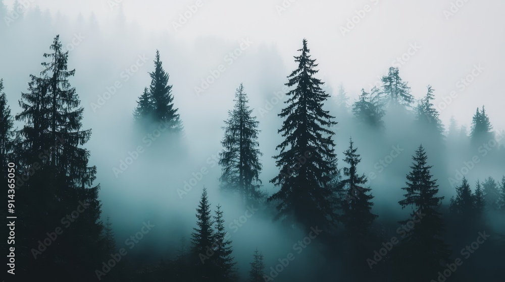 A forest filled with tall pine trees shrouded in dense fog A forest filled with tall pine trees shrouded in dense fog