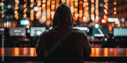 rear view of a hacker sitting using a computer in a darkened room photo