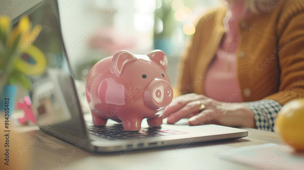 Senior woman saving money using laptop with piggy bank and coins. Generative AI Senior woman saving money using laptop with piggy bank and coins. Generative AI