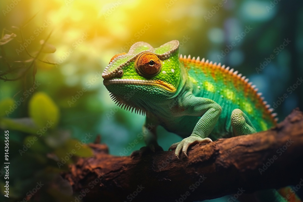 Fototapeta premium Close up of a large green chameleon sitting on a branch, generative ai